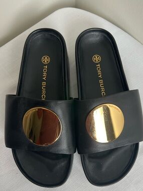 Tory Burch Patos Black Leather Platform Slides with Gold Disc Emblem